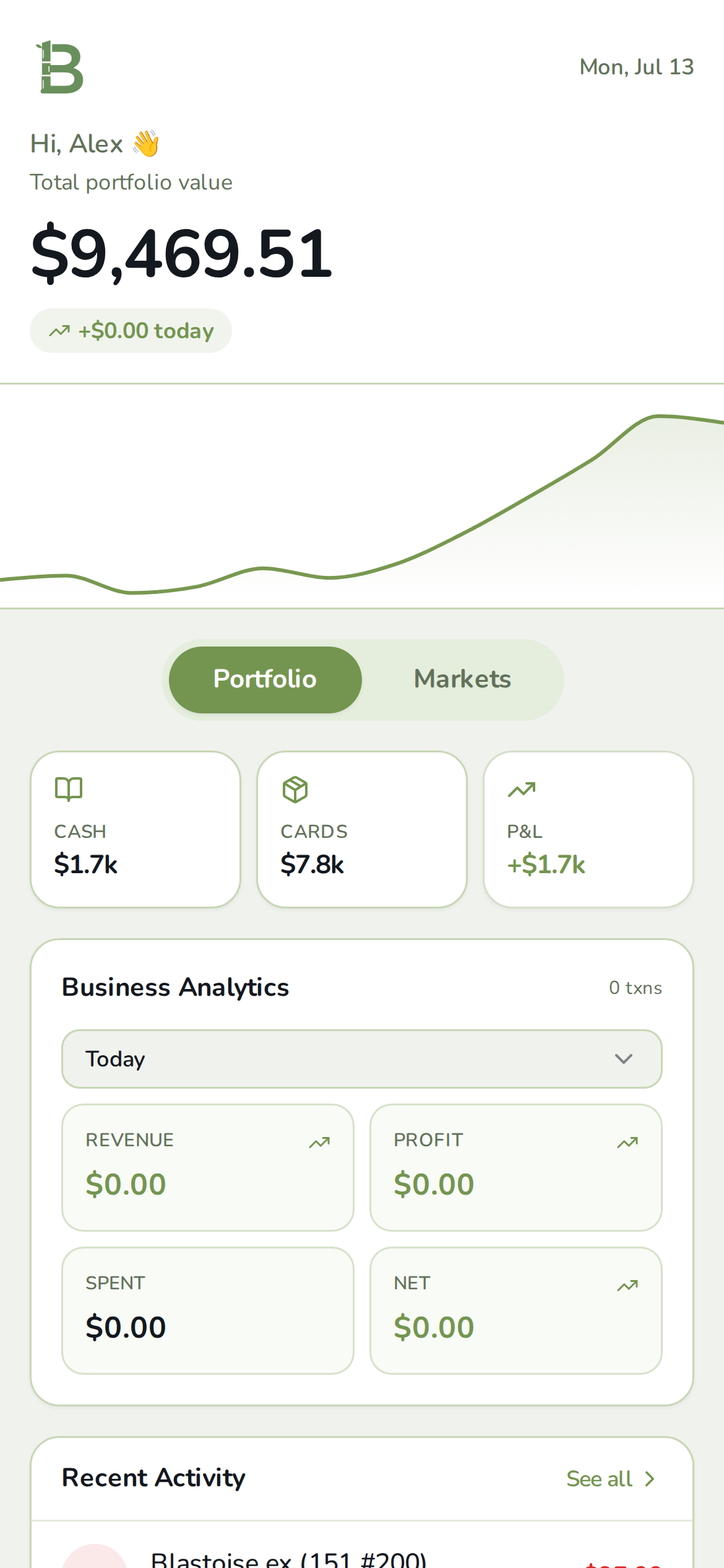 BamBook dashboard showing portfolio value and business analytics