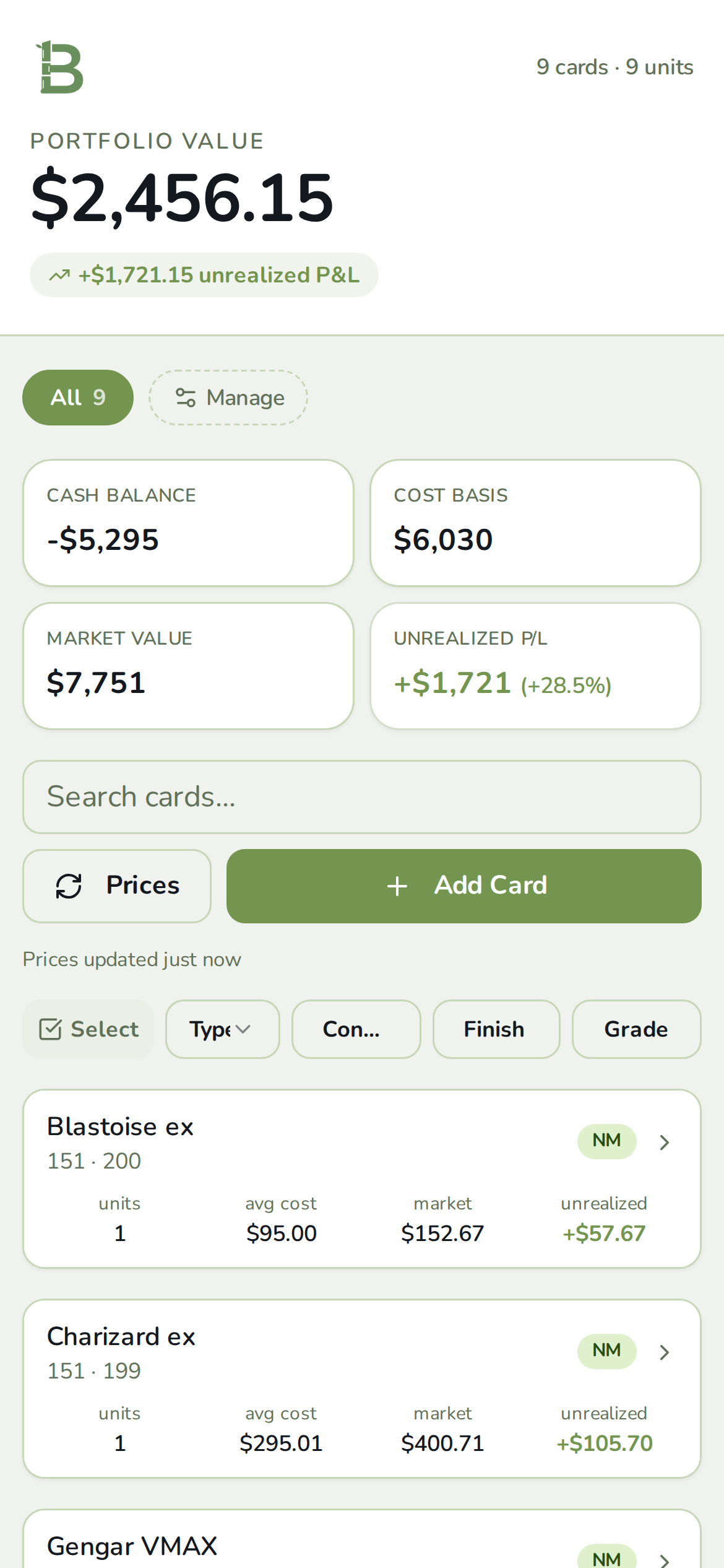 BamBook inventory list with live market pricing